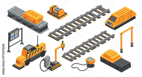 Isometric railway elements: trains, tracks, and industrial equipment in orange and gray
