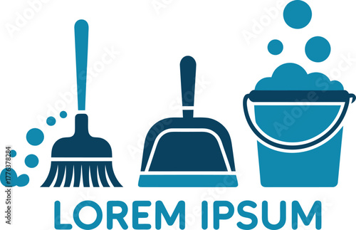 Cleanliness concept with broom dustpan and bucket full of bubbles