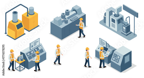 Isometric industrial factory workers operating machines and equipment