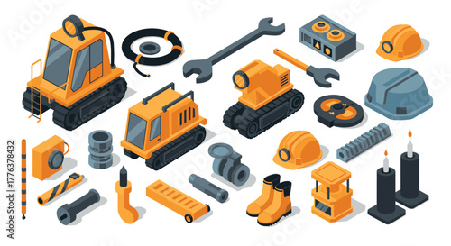 Isometric construction tools and equipment collection for industrial projects