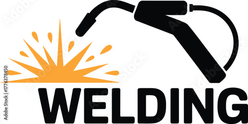 Welding torch with bright sparks and the word welding below