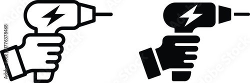 Hand holding electric drill icon with lightning bolt symbol for power and energy