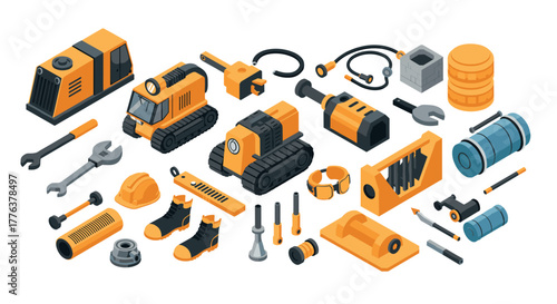 Isometric construction equipment set with tools and machinery
