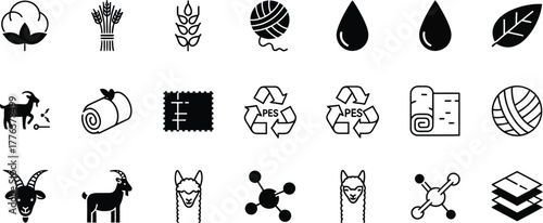 Vector icon set illustrating different types of textile fibers, such as cotton, wool, rPET, and their characteristics for material composition labels