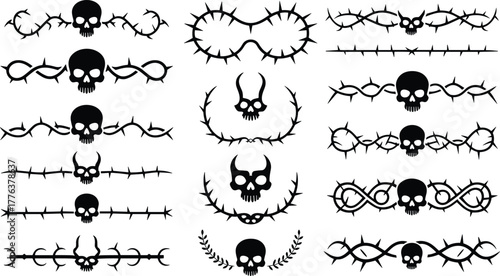 Black and white gothic decorative skull and barbed wire border design collection for tattoo, grunge art, punk or horror theme
