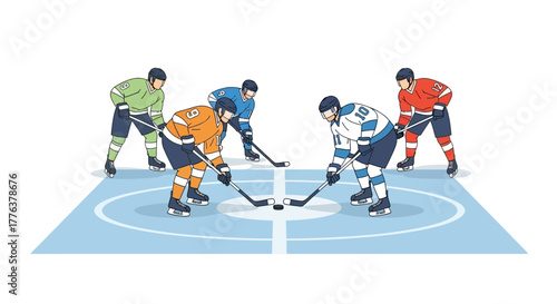 Ice Hockey Players Face Off on Rink During Sports Game