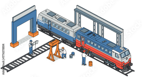 Isometric train maintenance scene with engineers and technicians at work