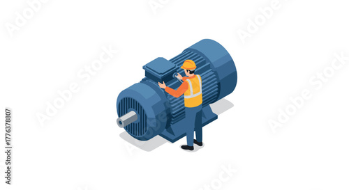 Isometric industrial worker inspecting large electric motor machine