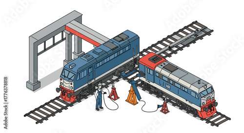 Isometric train maintenance scene with detailed railway and workers interaction