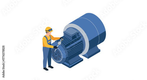 Worker inspecting industrial motor in isometric design