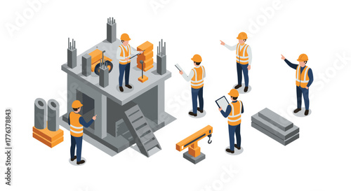 Construction team in action using digital tools and equipment for building project management