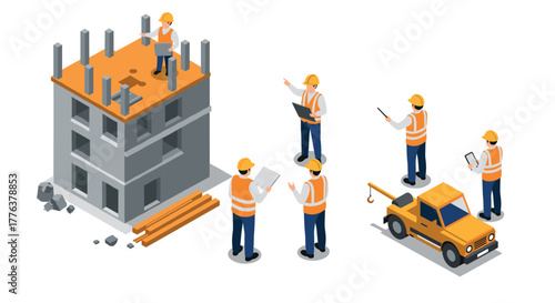 Isometric construction scene with engineers and workers on building site