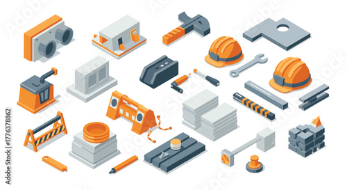 Isometric construction tools and equipment set in orange and gray colors