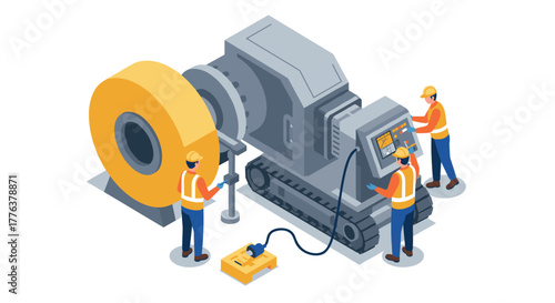 Industrial isometric scene with workers operating heavy machinery and equipment