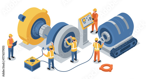 Isometric engineering team working on industrial machinery setup
