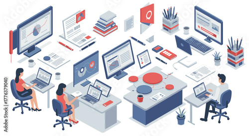 Isometric office workspace with employees analyzing data and collaborating on modern devices