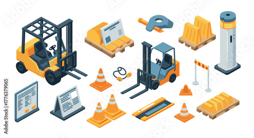 Isometric forklift and construction equipment for warehouse and industrial use