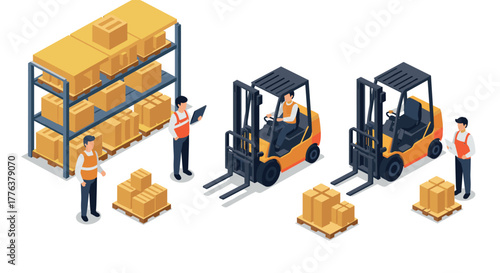Warehouse operations with forklifts and workers in safety vests isometric