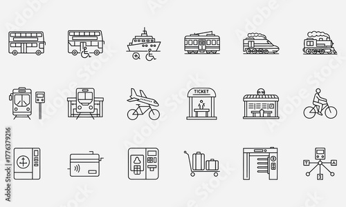 Set of transportation and travel icons including buses, trains, planes, cars, and luggage