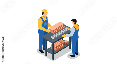 Workers handling construction materials on table in isometric design
