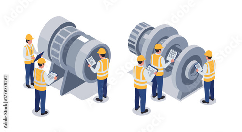 Engineers analyzing industrial equipment in isometric style