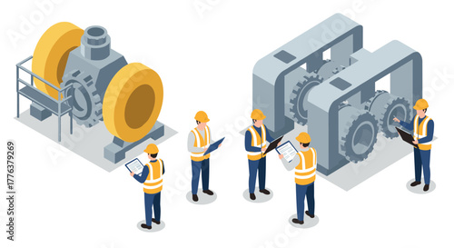 Industrial engineers analyzing gear mechanisms in isometric factory setup