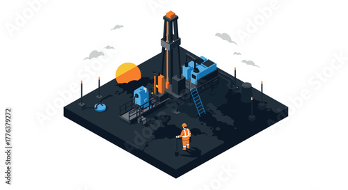 Isometric oil rig platform at sunset with worker and equipment