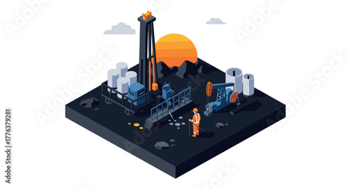 Isometric oil drilling scene with machinery, workers, and sunset on black platform