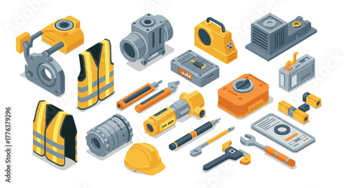 Isometric construction tools and equipment set with safety gear and machinery
