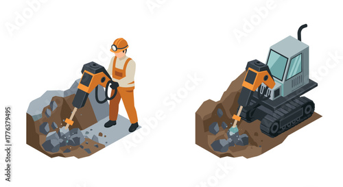 Isometric construction equipment and worker breaking rocks