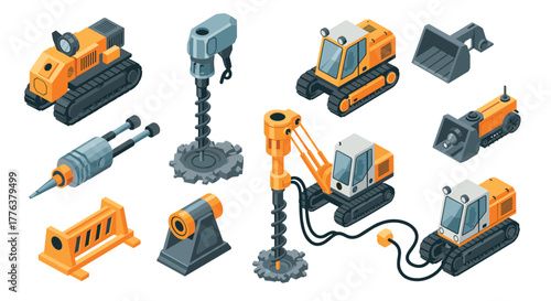 Industrial construction equipment in isometric style with drilling machines and bulldozers