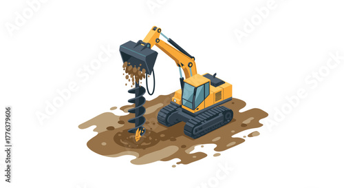 Isometric excavator digging with auger on muddy construction site