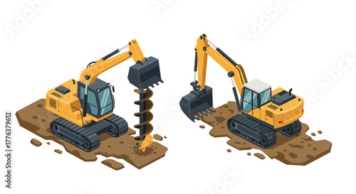 Isometric excavator construction machinery on dirt ground