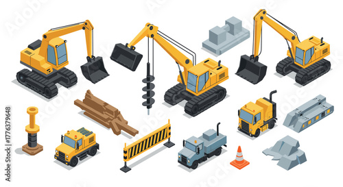 Isometric construction vehicles and equipment set featuring excavators and trucks
