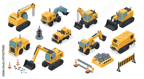 Collection of isometric construction vehicles and equipment illustrations
