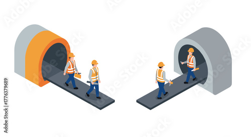 Isometric construction workers entering tunnel for roadwork
