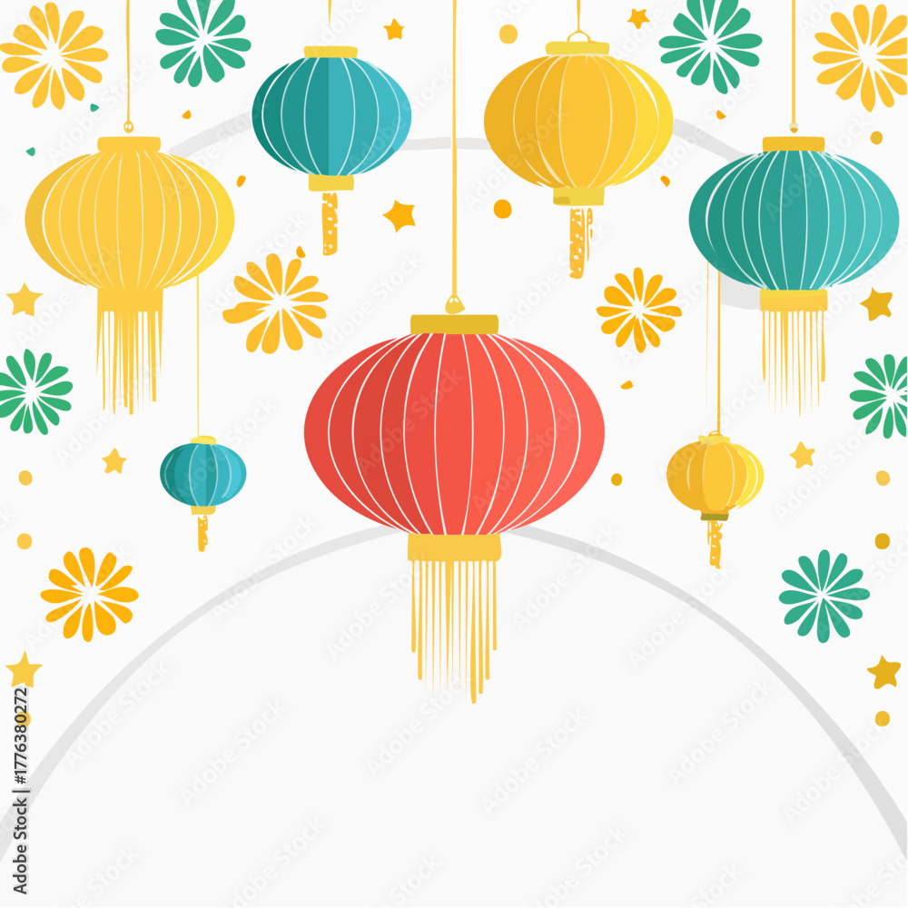 Obraz premium Vibrant collection of traditional Chinese lanterns hanging gracefully, adorned with festive floral elements, creating a joyous and celebratory atmosphere ideal for cultural events and Asian