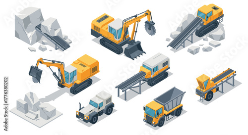 Isometric construction equipment collection: excavators, trucks, and cranes in action