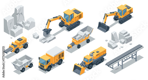 Isometric construction machinery and equipment set with trucks and excavators