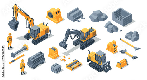Construction equipment isometric set featuring excavators and tools
