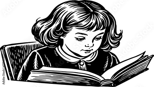 Very beautiful close-up portrait illustration of a cute little girl sitting at a desk and reading a book with a calm, focused expression, capturing innocence and concentration.