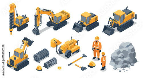 Isometric construction equipment set with workers and tools on white background