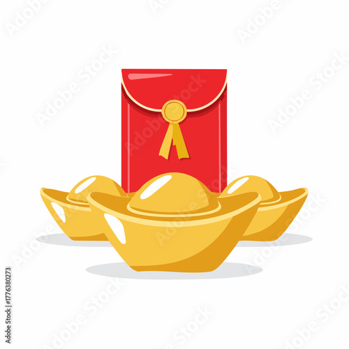 Golden Chinese ingots and a traditional red envelope, a symbol of luck and prosperity for the Lunar New Year celebration