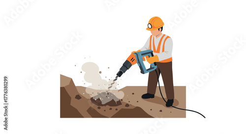 Construction worker operating jackhammer in safety gear