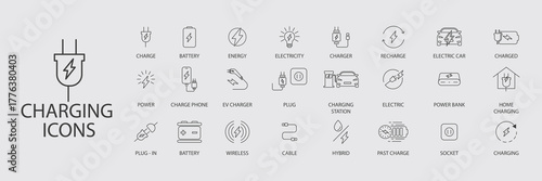 Black Line Charging Battery and Power Plug Vector Icon Set