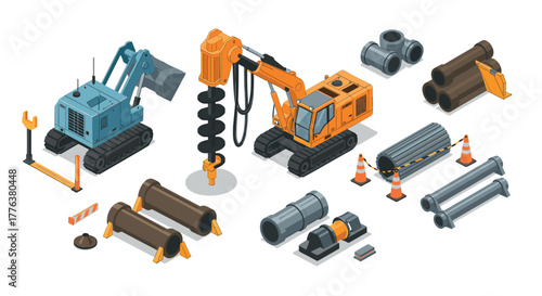 Construction equipment and materials isometric set with excavators, pipes, and traffic cones