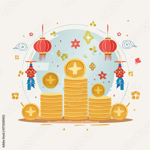 Illustration of ascending golden coin stacks and financial tokens amidst festive lanterns, symbolizing prosperity, wealth growth, and celebratory success in a cultural setting
