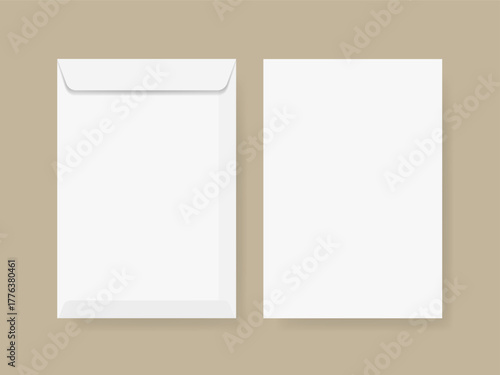 Realistic blank white paper envelopes. Vector paper envelope mockup isolated on a beige background. Vector template for business and corporate identity.