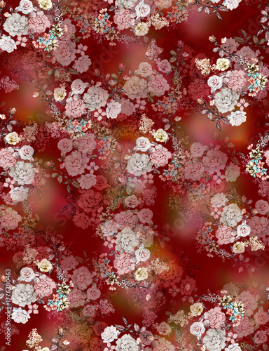 Seamless floral rose peony allover pattern with vintage bouquets on deep burgundy maroon background
