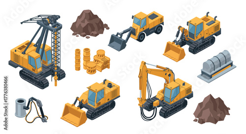 Isometric construction equipment with yellow heavy machinery and earth mounds